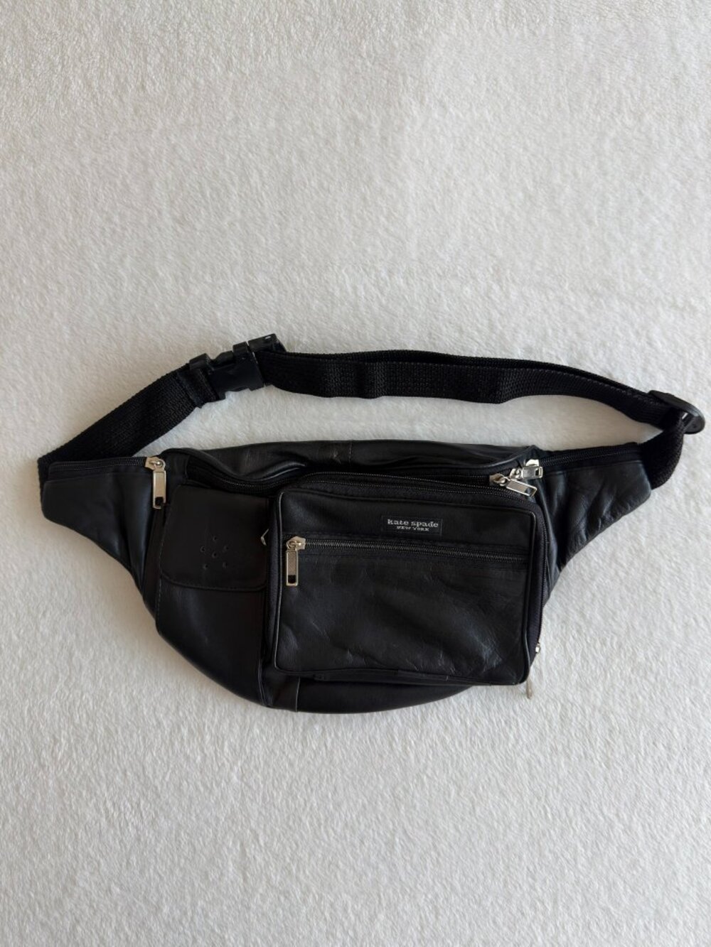 Kate Spade New York Black Leather Belt Fanny Pack Multi Pocket Adjustable Strap